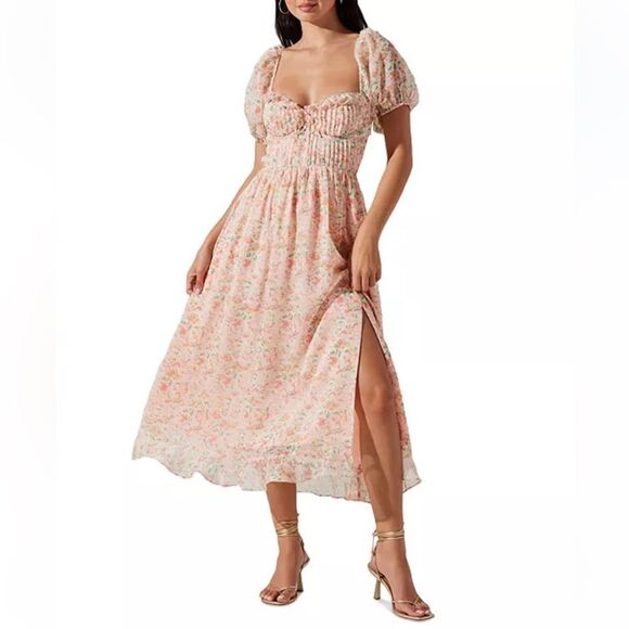 New Anthropologie ASTR The Label Lunaria Pleated Floral Orange Midi Dress - Picture 5 of 8